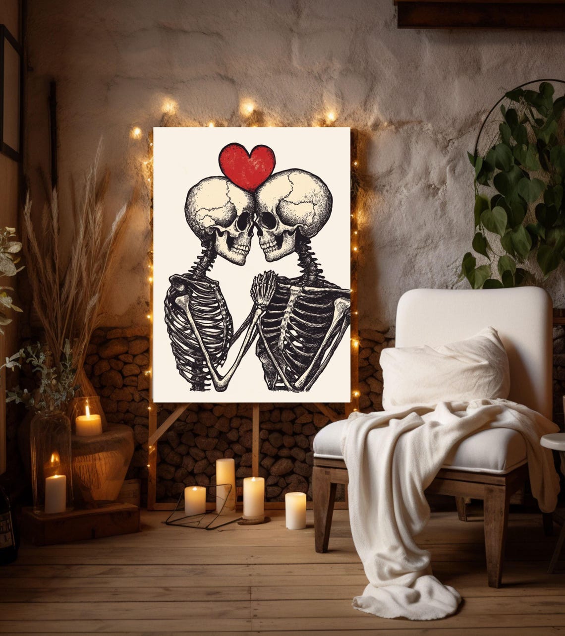 Skeleton Couple in Love with Red Heart Gothic Valentine Art Poster