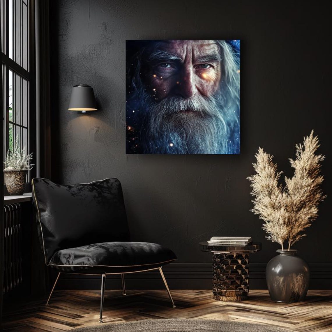 Ancient Wizard Face With Starlight Eyes Dark Magical Portrait Poster - Image 3