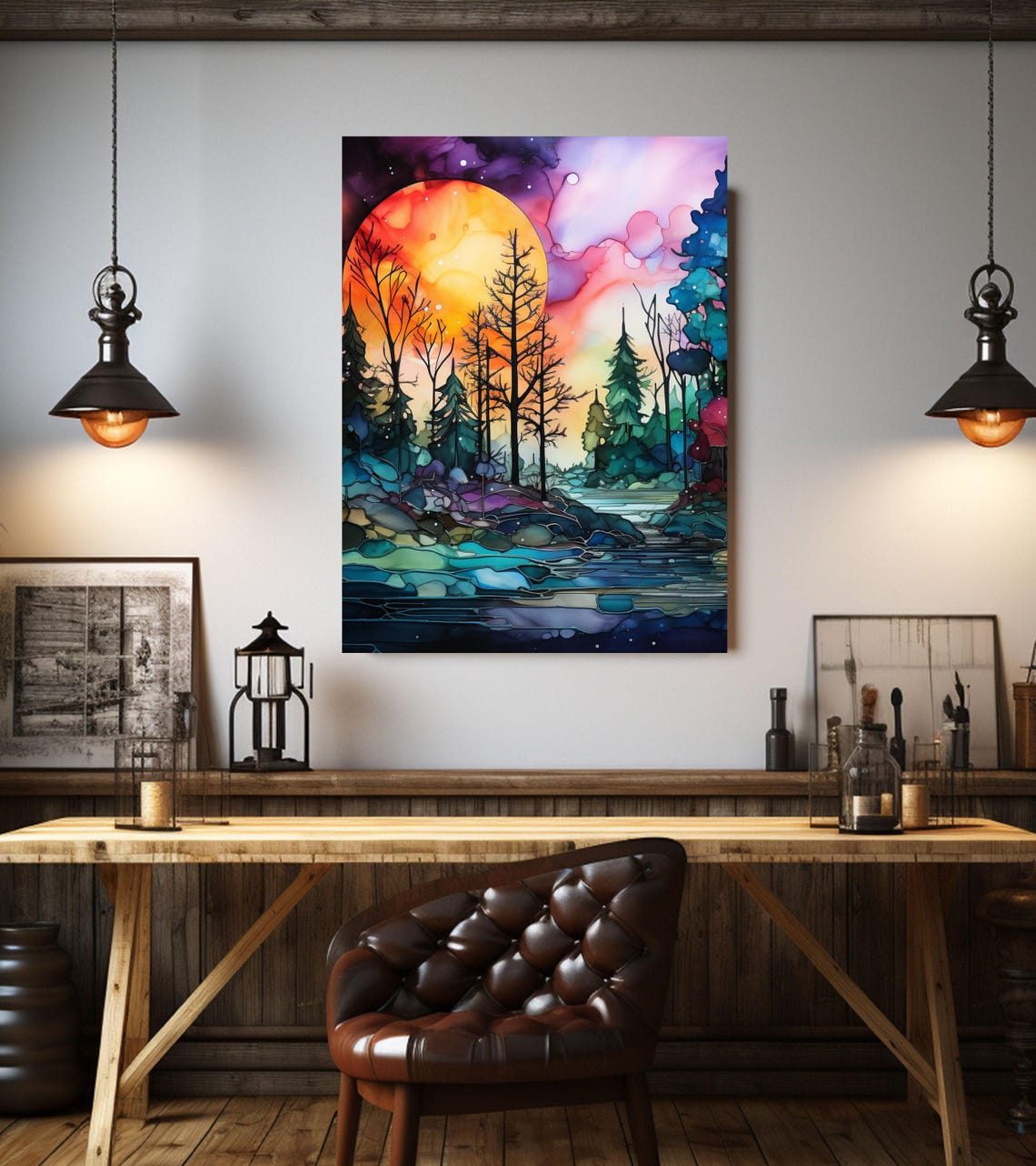 Burning Orange Moonlit Alcohol Ink Forest River Sunset Art Poster - Image 4