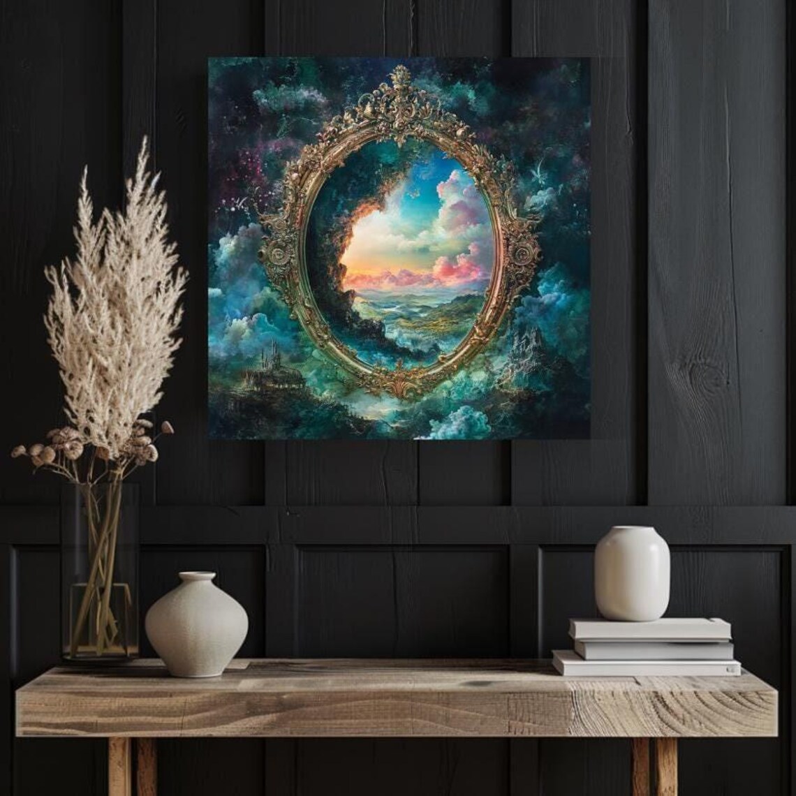 Ornate Golden Frame Portal to Sunset Cloudscape Fantasy Art Poster
