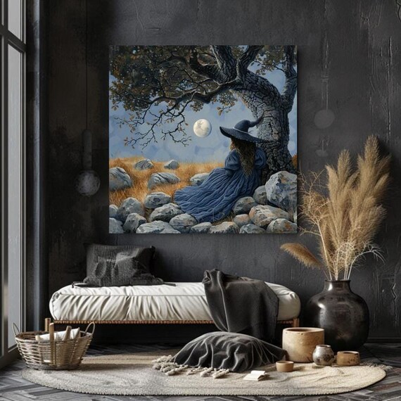 Blue Witch Resting Under Ancient Tree In Moonlit Field Poster