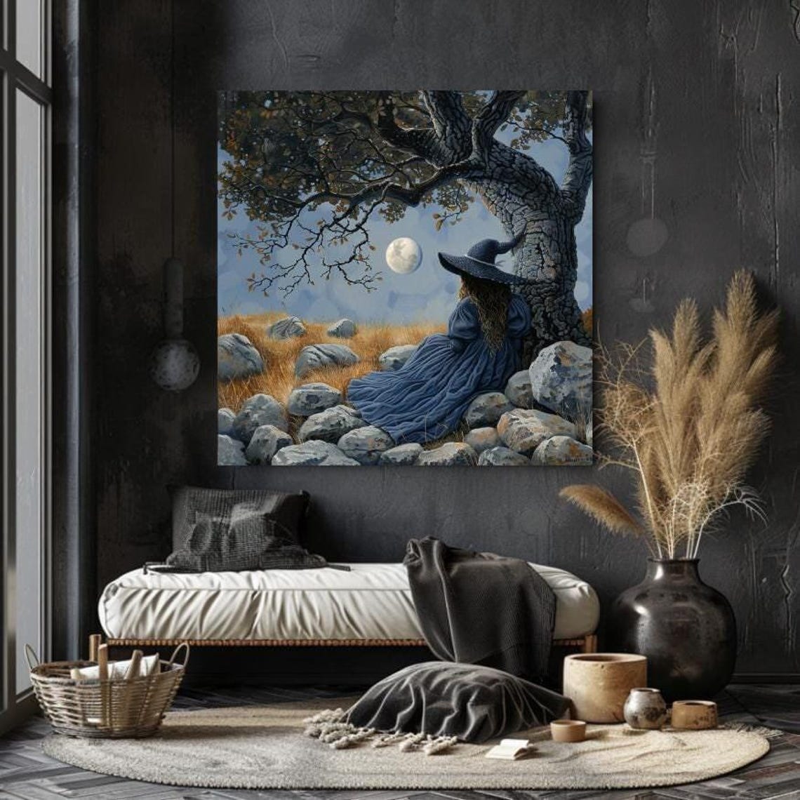Blue Witch Resting Under Ancient Tree In Moonlit Field Poster