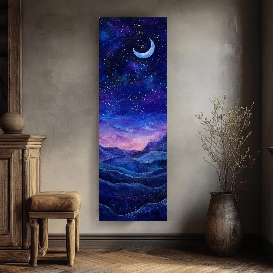 Crescent Moon Over Rolling Mountains Tall Vertical Night Sky Poster - Image 4