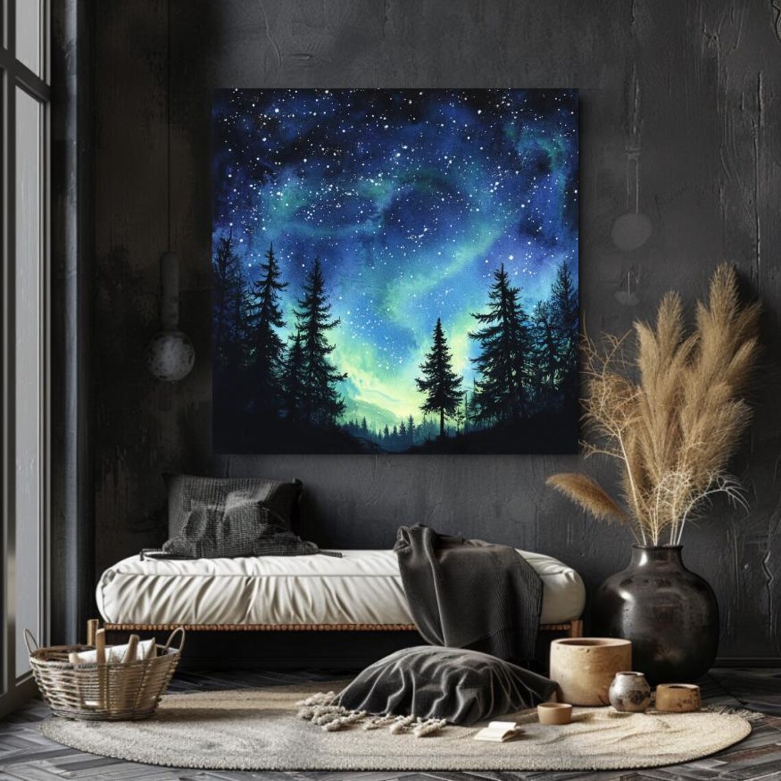 Aurora Borealis Over Pine Forest Watercolor Starry Night Poster - Image 4