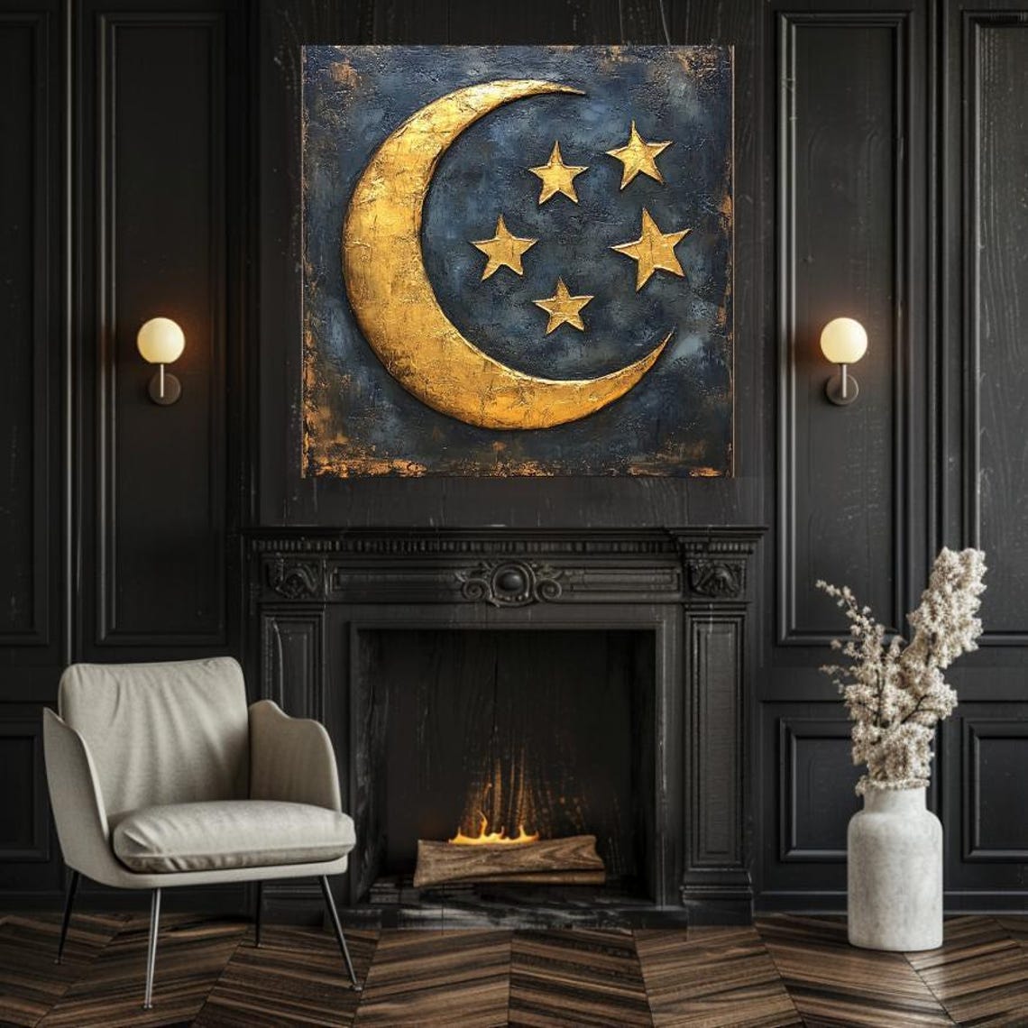 Golden Crescent Moon and Stars Textured Celestial Relief Art Poster - Image 2