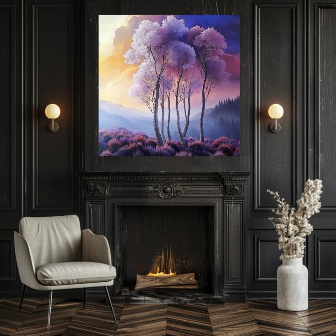 White Birch Trees At Sunrise Over Lavender Field Misty Poster - Image 2