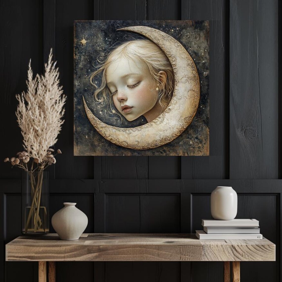 Sleeping Child Nestled In Ornate Crescent Moon Starry Night Poster - Image 3