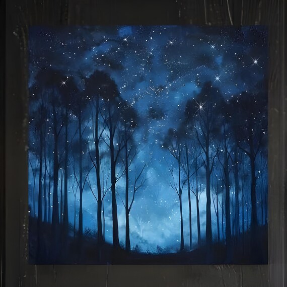 Blue Starlit Sky Night Forest Art Mystical Dark Wall Art Mystical Forest Ready To Hang Home Decor Enchanted Nightscape Art
