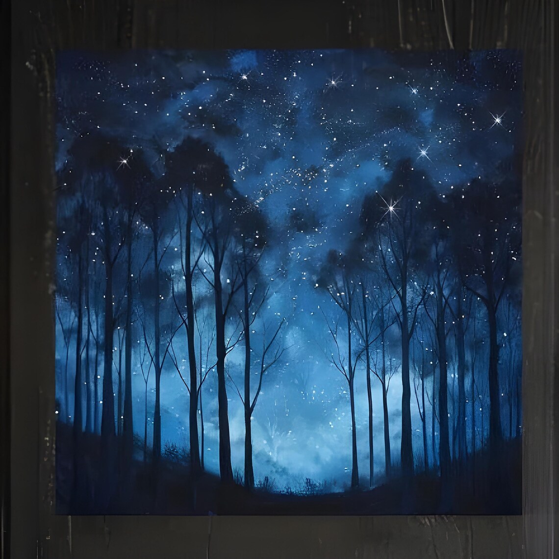 Blue Starlit Sky Night Forest Art Mystical Dark Wall Art Mystical Forest Ready To Hang Home Decor Enchanted Nightscape Art