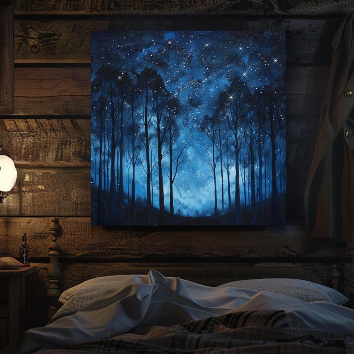 Blue Starlit Sky Night Forest Art Mystical Dark Wall Art Mystical Forest Ready To Hang Home Decor Enchanted Nightscape Art - Image 2