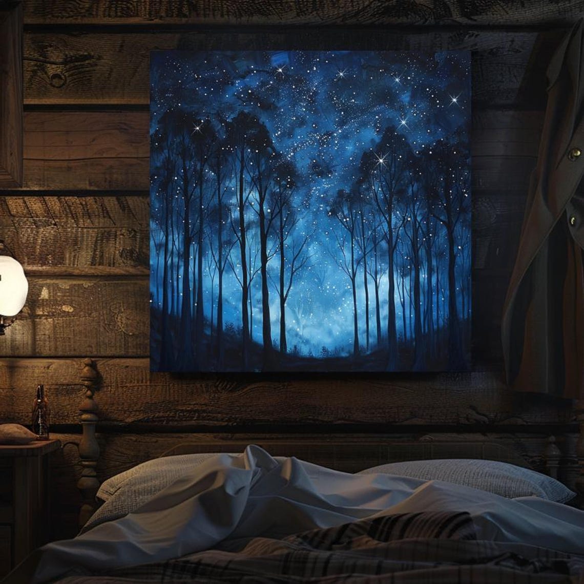 Deep Blue Starlit Forest Silhouette Enchanted Night Sky Art Poster - Image 2