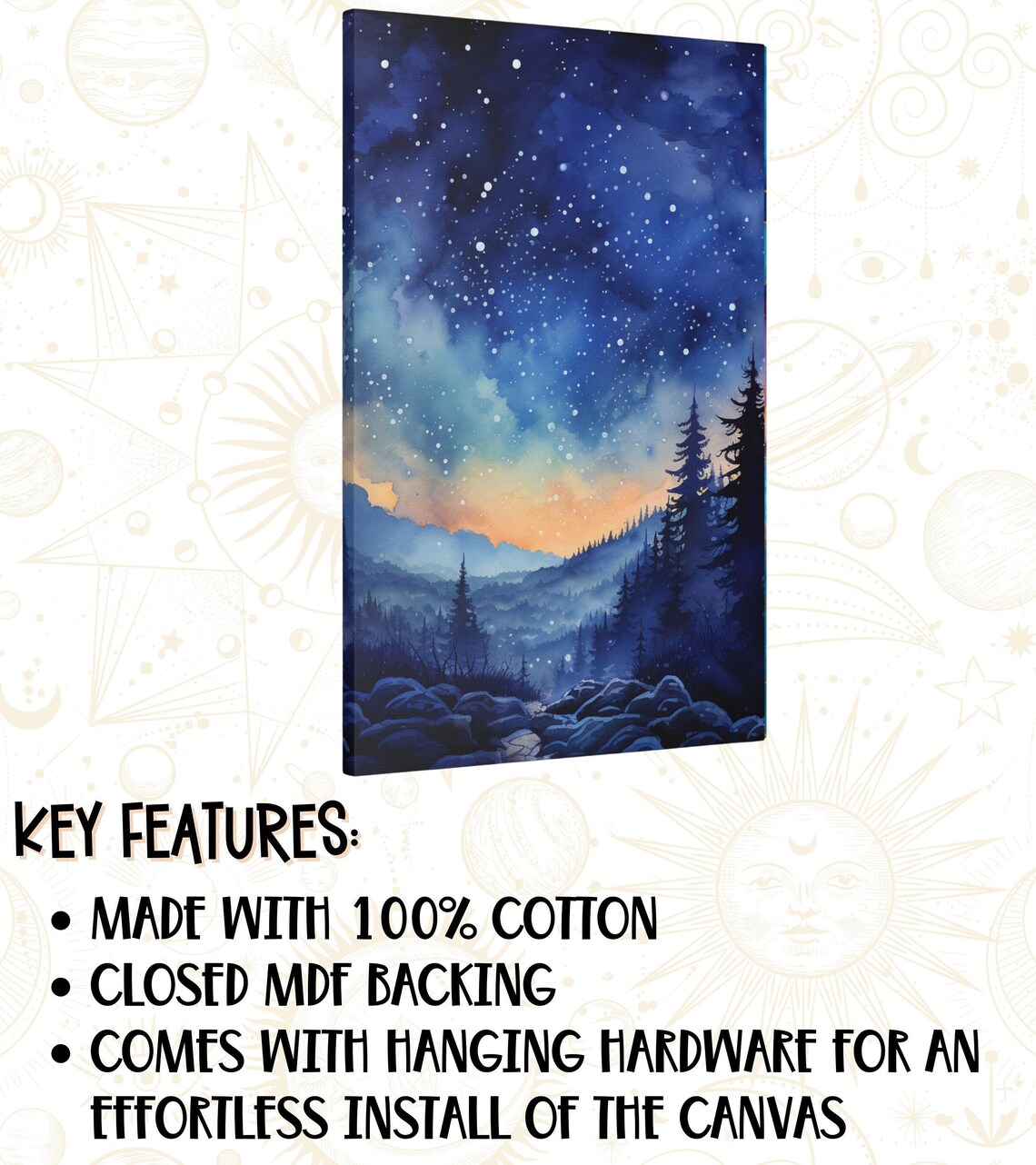 Night Sky Watercolor Art Appalachian Mountains Wall Decor Mystical Sky Wall Art Starry Night Sky Pine Forest - Image 3