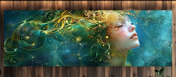 Celestial Goddess With Flowing Golden Hair Teal Cosmic Wall Art