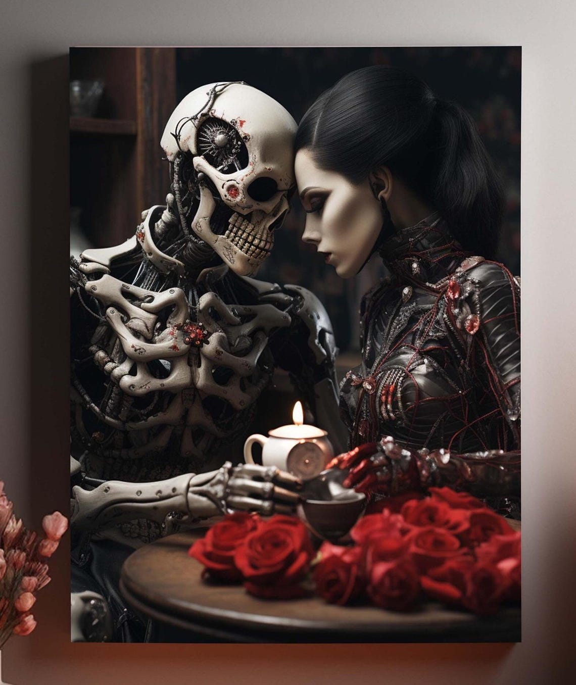 Gothic Robot Skeleton Sharing Tea with Pale Woman Dark Romance Poster