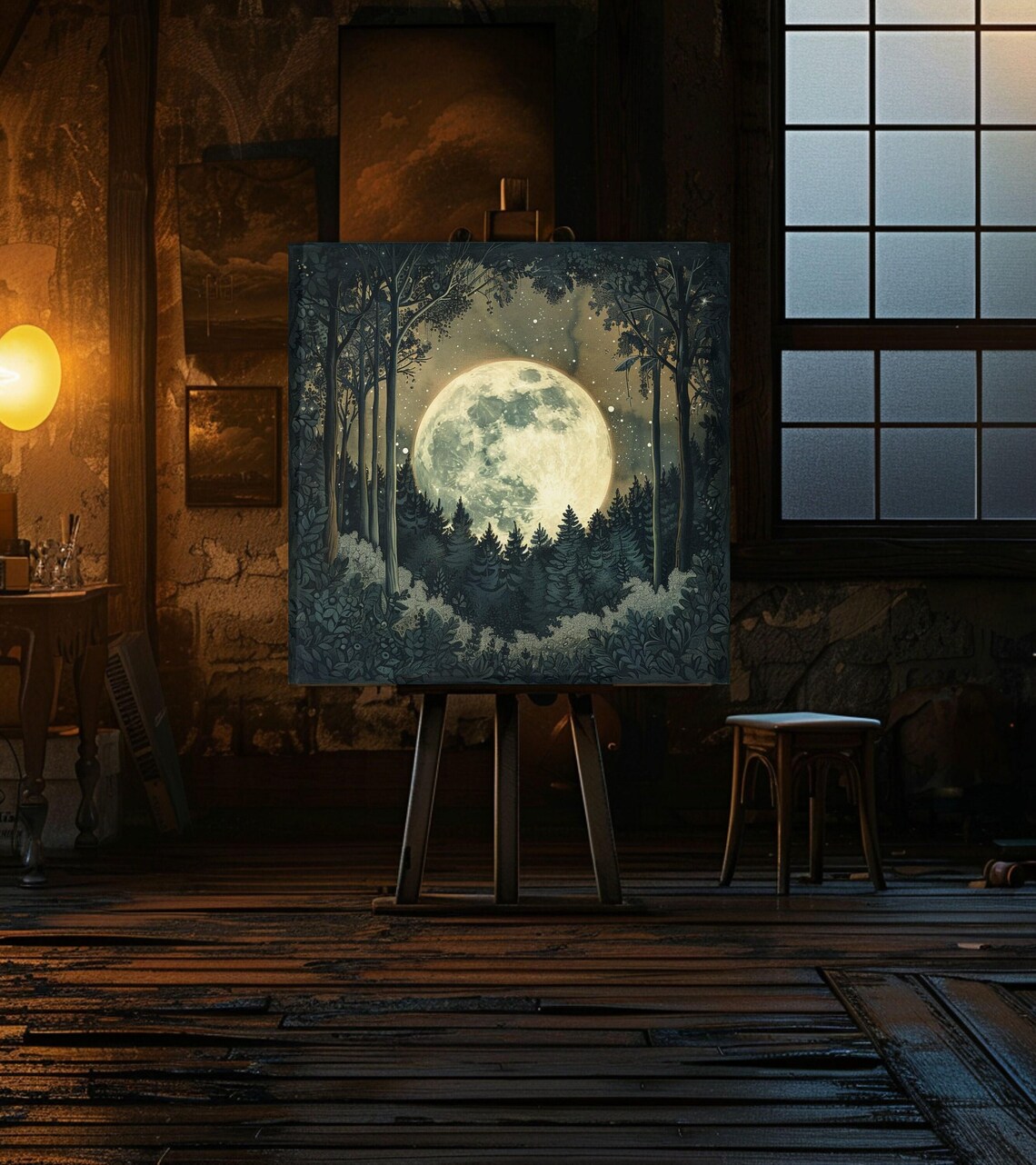 Forest Moon Nature Art Moonlit Forest Painting Ethereal Wall Decor Mystical Artwork Night Sky Wall Art Rustic Hanging Art Decor - Image 3