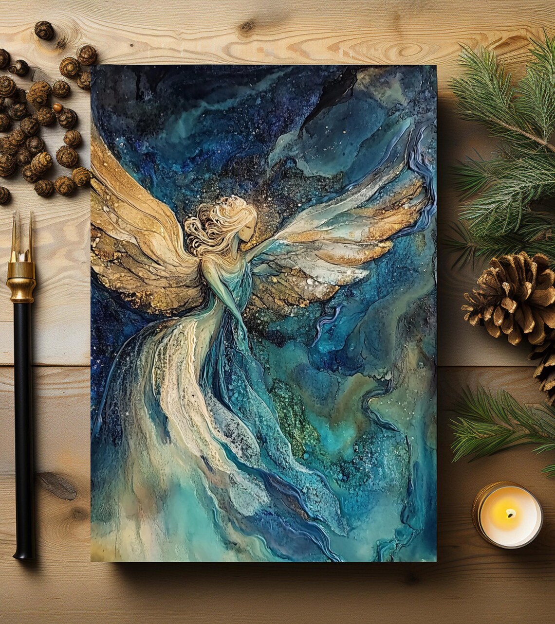 Golden Winged Angel Soaring Over Teal Ocean Waves Journal Art Print - Image 4