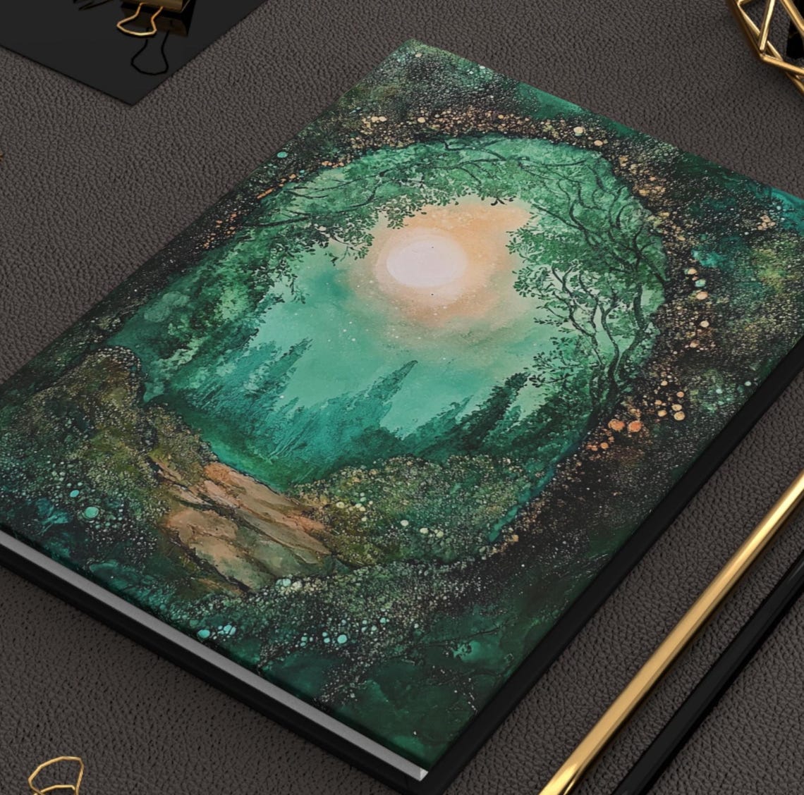 Emerald Forest Path Under Glowing Moon Hardcover Journal Art Print - Image 2