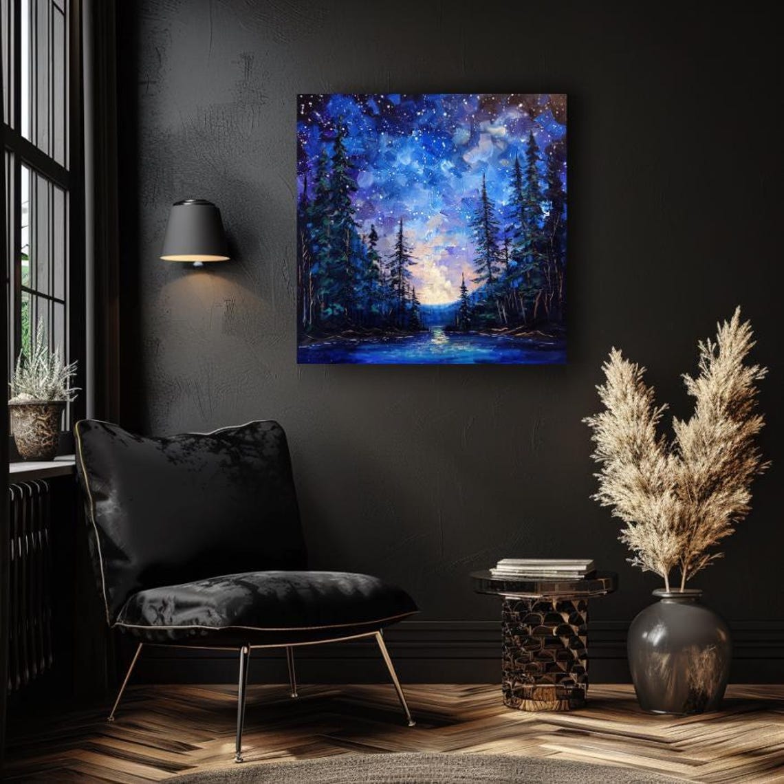 Starry Night Over Pine Lake Deep Blue Cosmic Forest Art Poster - Image 3