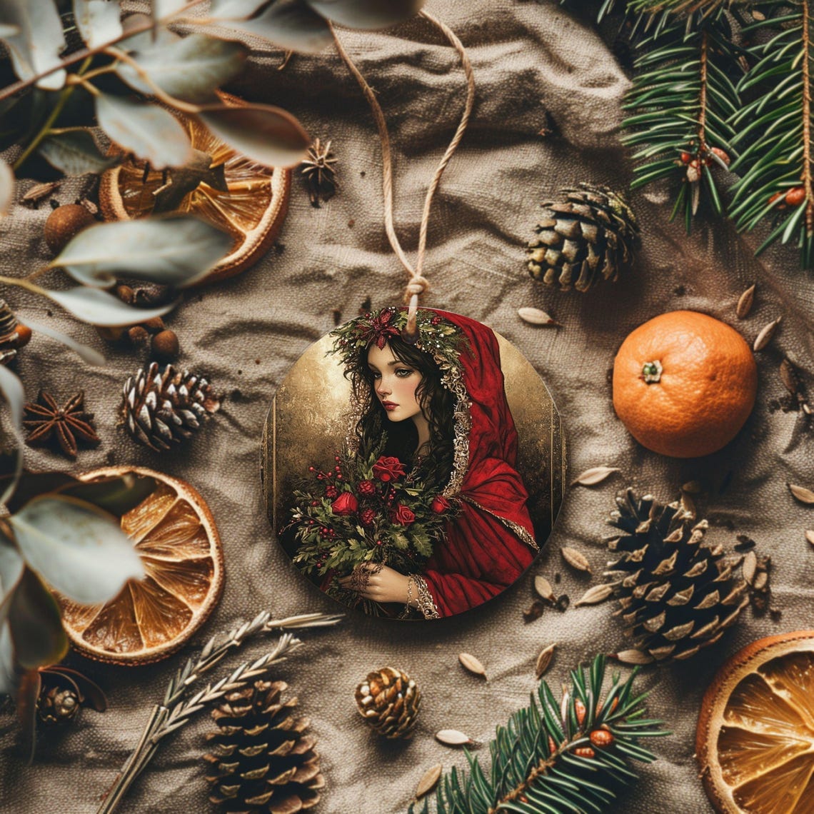 Goddess in Red Hood Round Ornament Double Sided Art Print Tree Decor