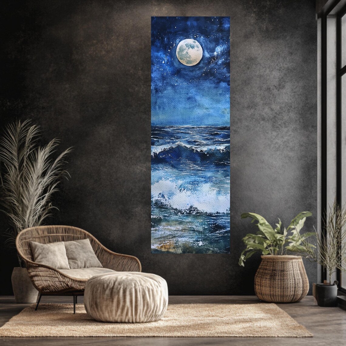 Full Moon Over Ocean Waves Tall Vertical Night Sea Art Poster