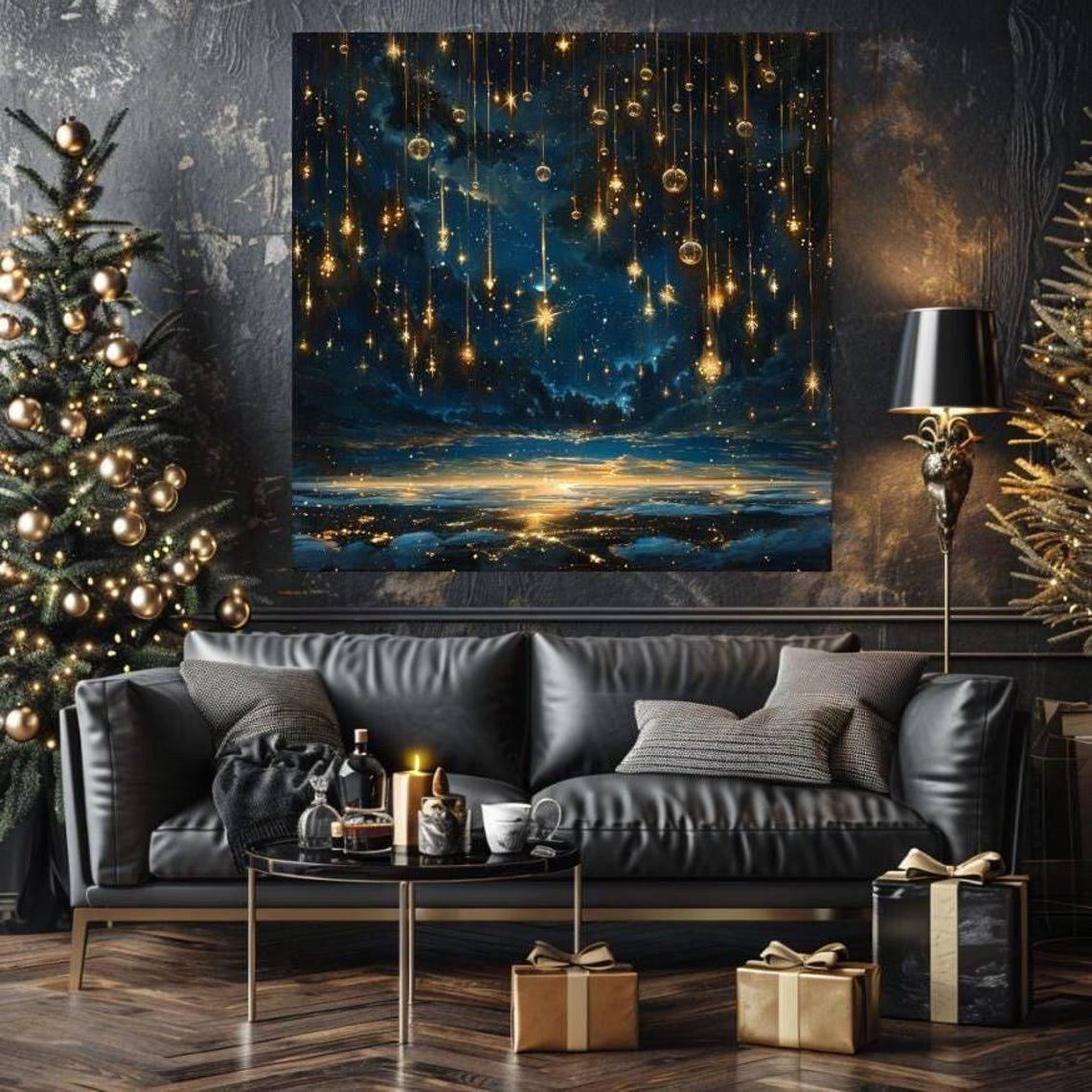 Celestial Night Sky with Falling Golden Stars Over Dark Ocean Poster - Image 4
