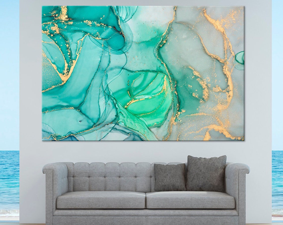 Teal Turquoise Marble Gold Veins Abstract Fluid Art Decor Poster