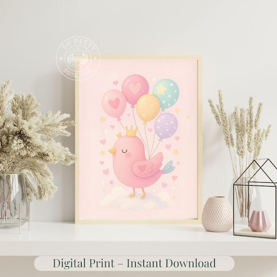 Pink Bird Princess With Crown And Pastel Balloons Nursery Poster