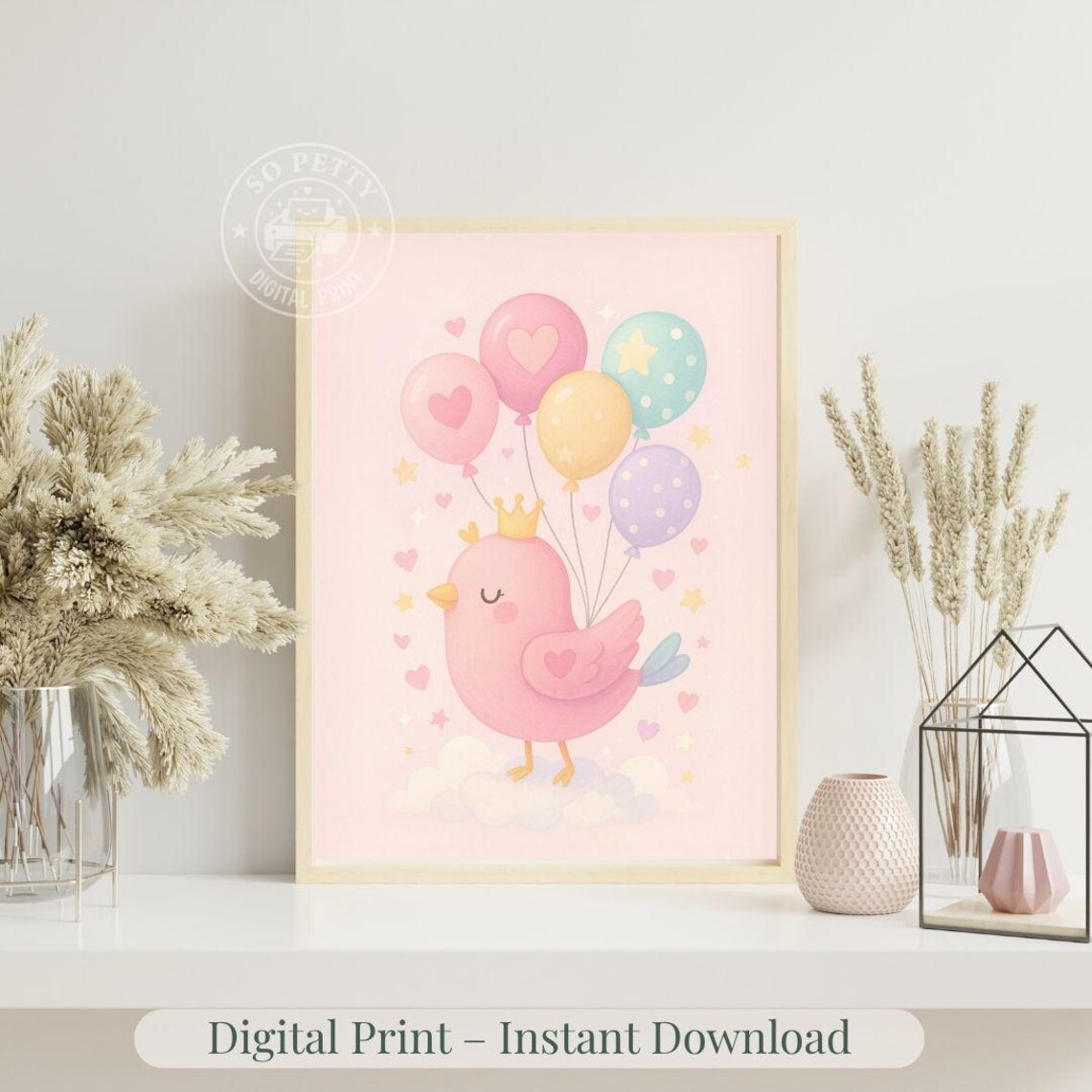 Pink Bird Princess With Crown And Pastel Balloons Nursery Poster
