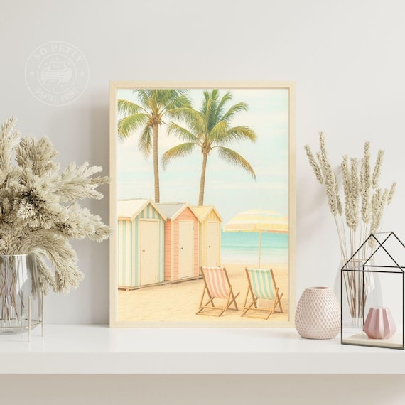 Pastel Beach Huts With Palm Trees And Striped Chairs Coastal Poster