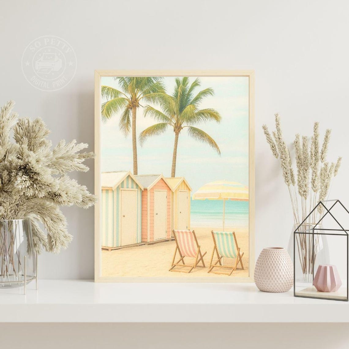 Pastel Beach Huts With Palm Trees And Striped Chairs Coastal Poster