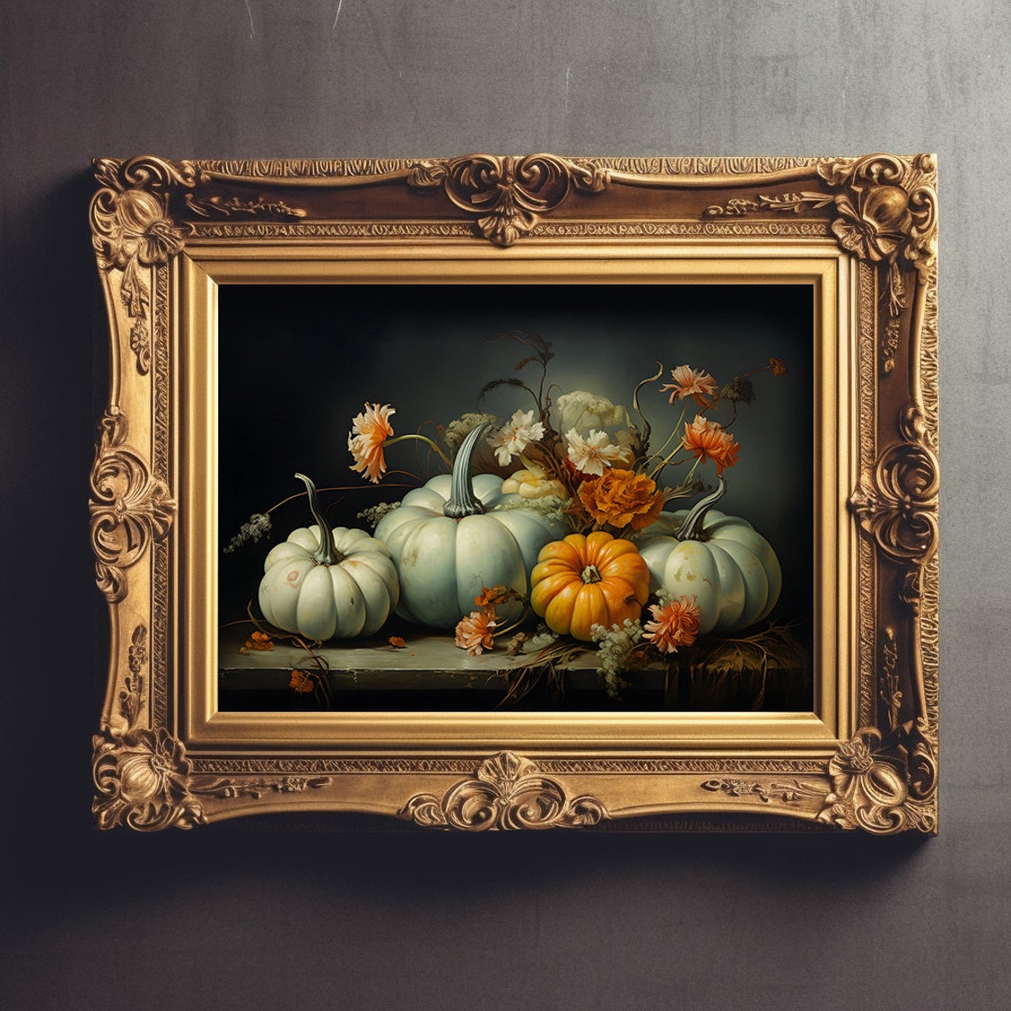 Moody Still Life With White Pumpkins And Autumn Flowers Wall Art - Image 3