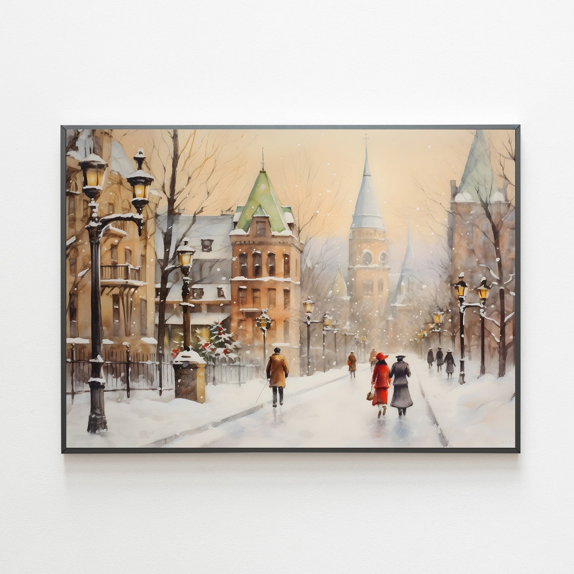 Victorian Christmas Village Painting Winter Village Print Vintage Winter Painting Christmas Art Cottagecore Wall Art