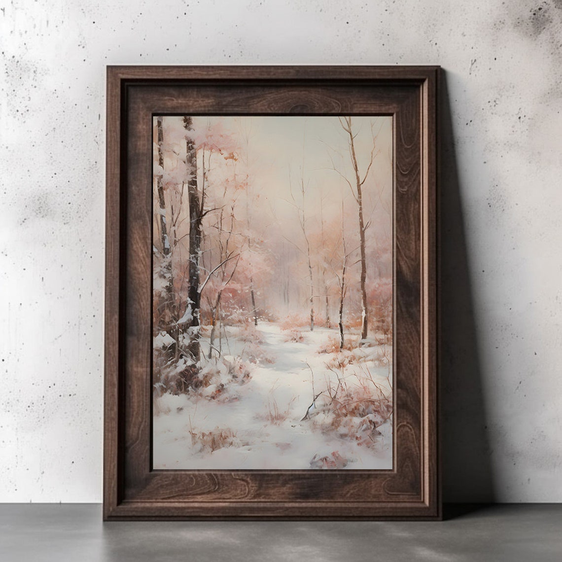Blush Pink Snowy Forest Path In Soft Winter Light Landscape Poster - Image 2