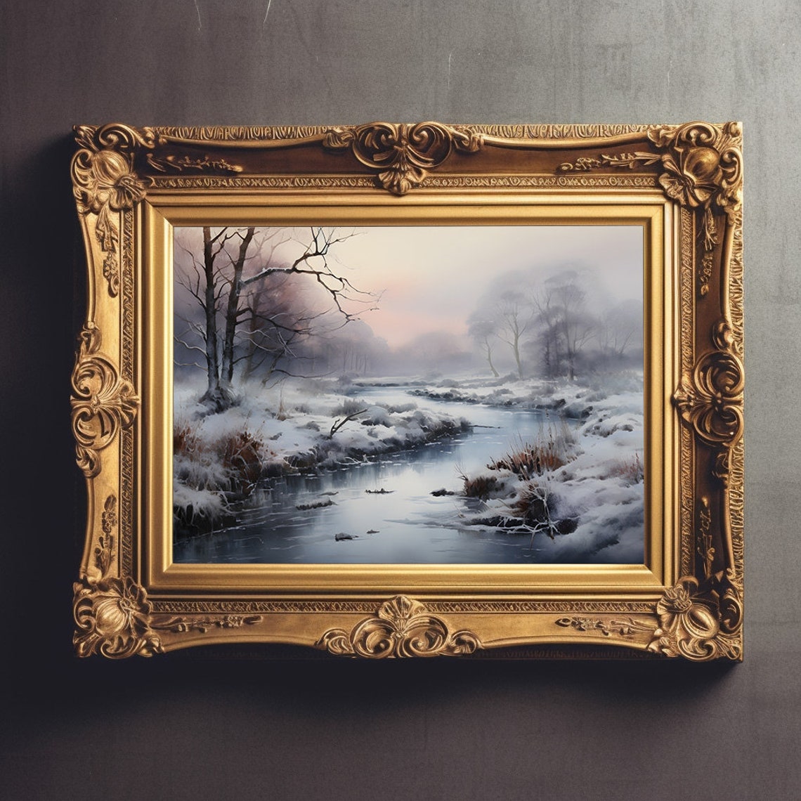 Misty Winter Stream With Snowy Banks Watercolor Landscape Poster - Image 2