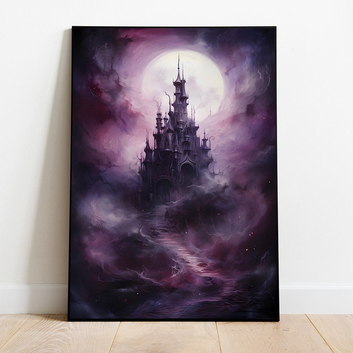 Purple Gothic Castle Moonlit Mist Dark Fantasy Castle Wall Art