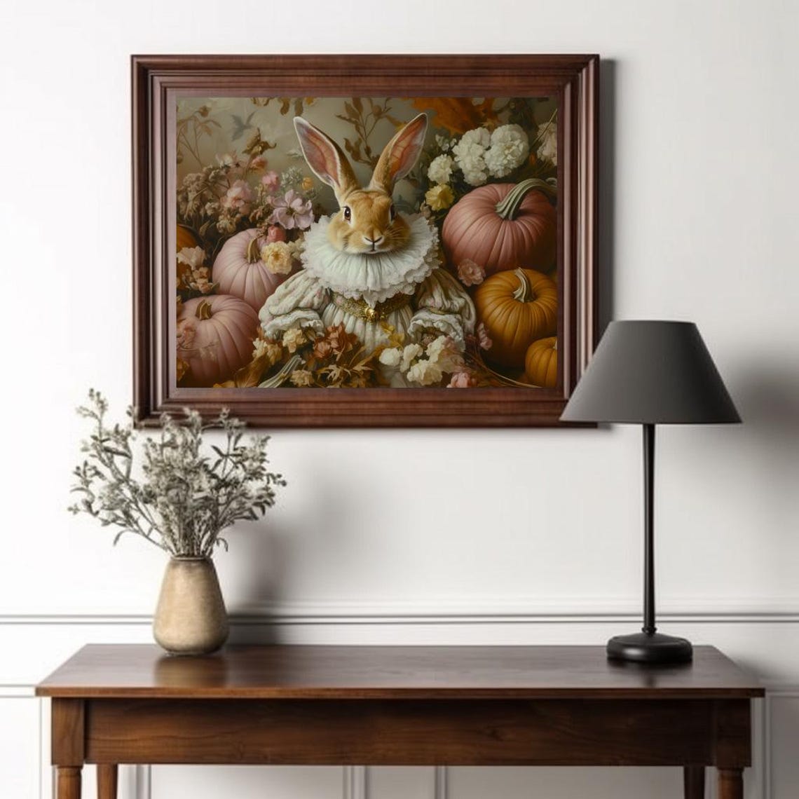 Renaissance Rabbit Pastel Pumpkins Fall Floral Whimsical Animal Poster - Image 2