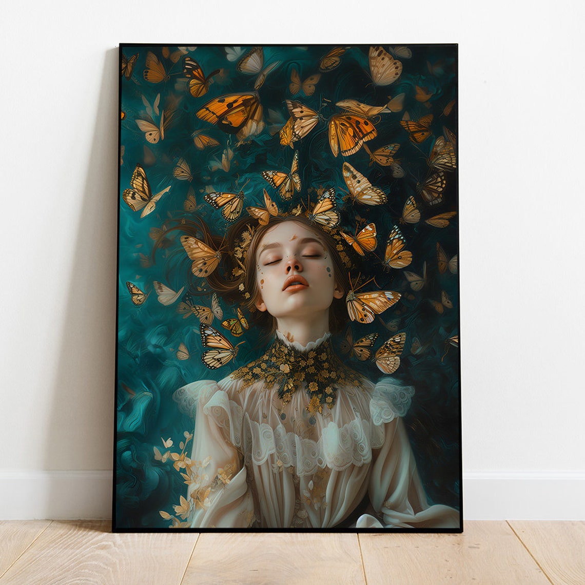 Dreamy Woman Surrounded By Golden Butterflies Teal Art Poster