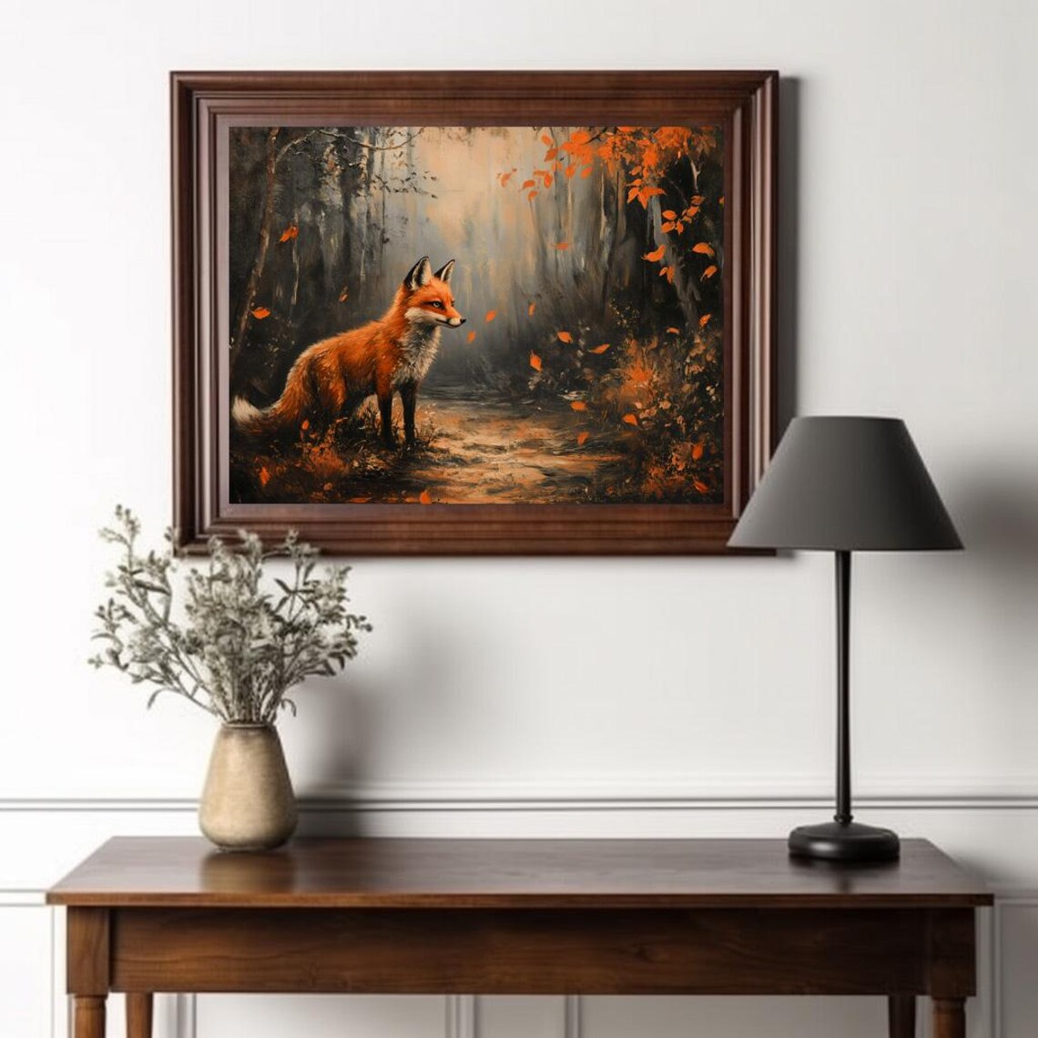 Red Fox in Autumn Forest with Falling Orange Leaves Moody Painting Poster - Image 2