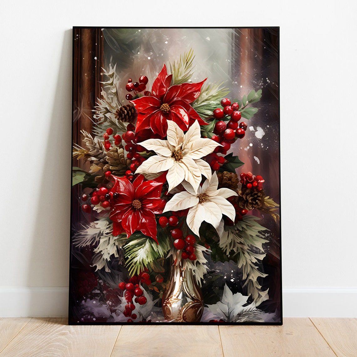 Christmas Poinsettias Print Winter Florals Art Christmas Flowers Poster Christmas Art Farmhouse Christmas Wall Art