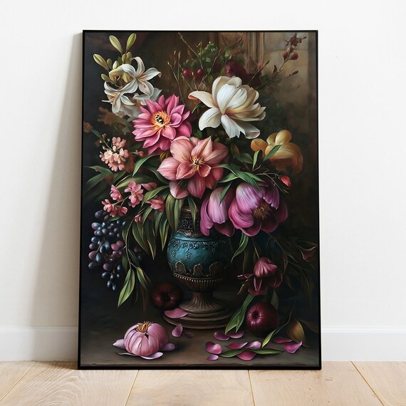 Vintage Moody Floral Art Print Flower Painting Botanical Art Farmhouse Kitchen Art French Vintage Art
