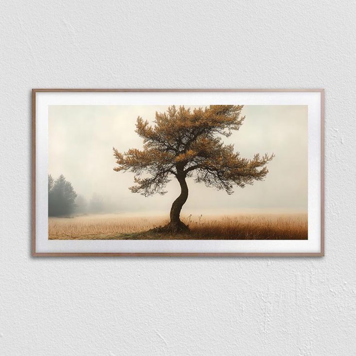 Lone Twisted Tree in Misty Autumn Field Golden Minimalist Landscape Poster - Image 3