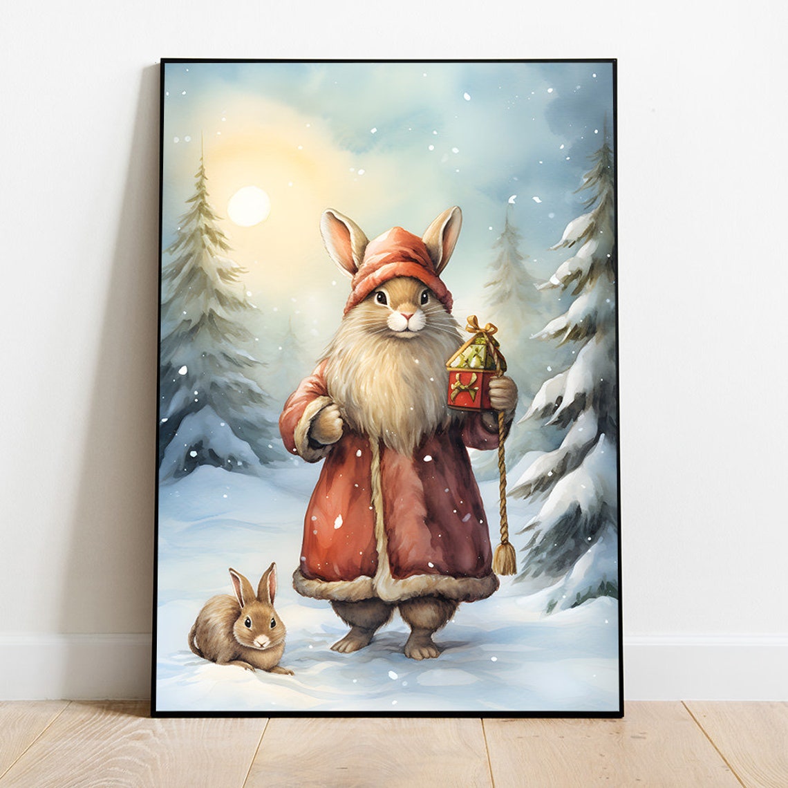 Bunny Santa With Lantern In Snowy Forest Watercolor Wall Art