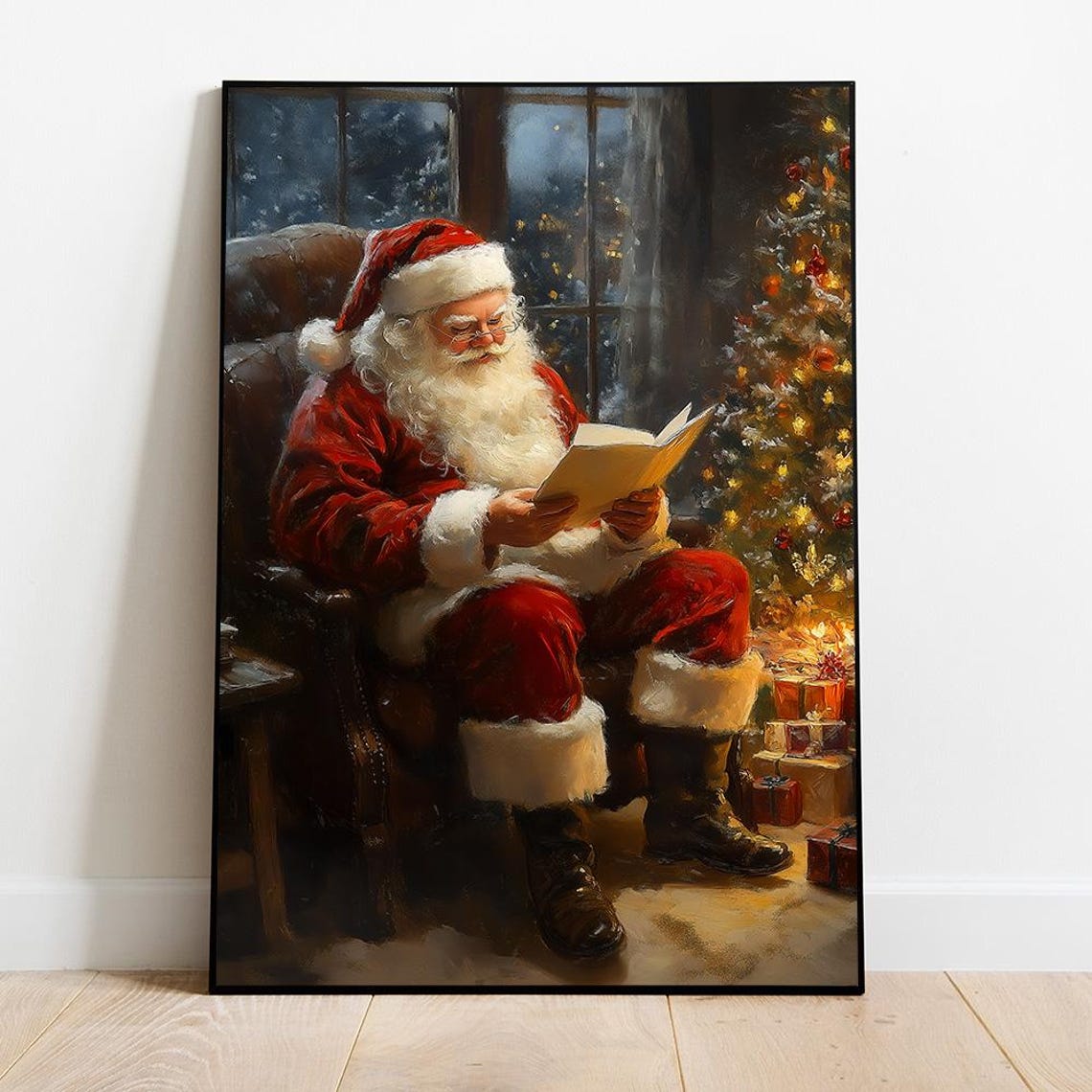 Santa Claus Reading by the Window Beside Christmas Tree Cozy Poster