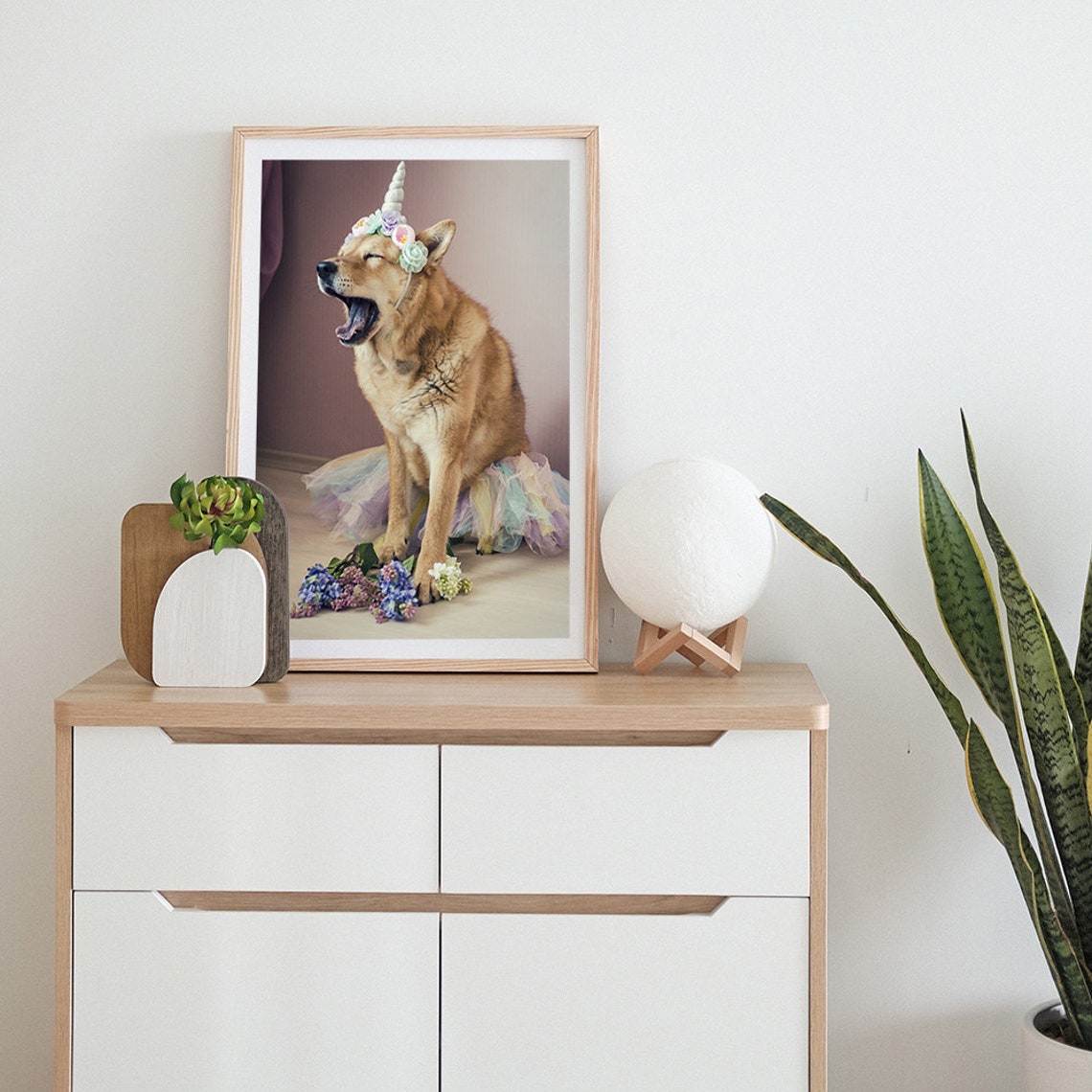 Funny Dog Unicorn Costume Tutu Flower Crown Pet Portrait Wall Art - Image 2