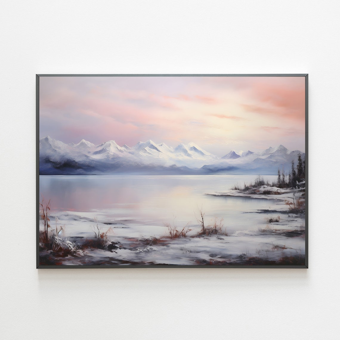 Pink Sunrise Over Snowy Mountains And A Calm Lake Landscape Poster