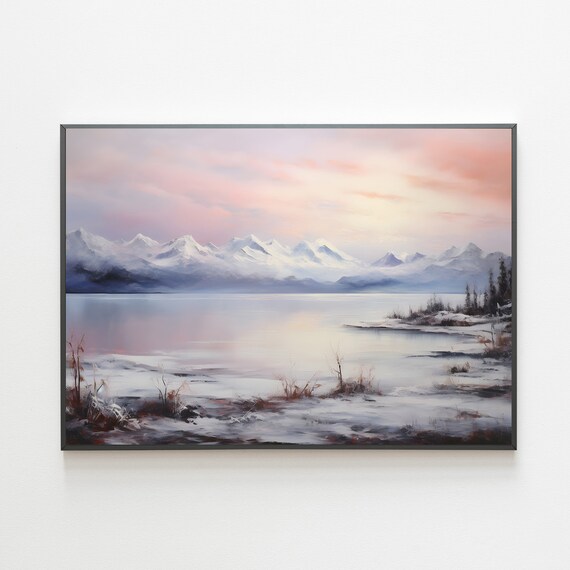 Winter Sunset Painting Moody Winter Country Print Vintage Winter Painting Christmas Art Cottagecore Wall Art