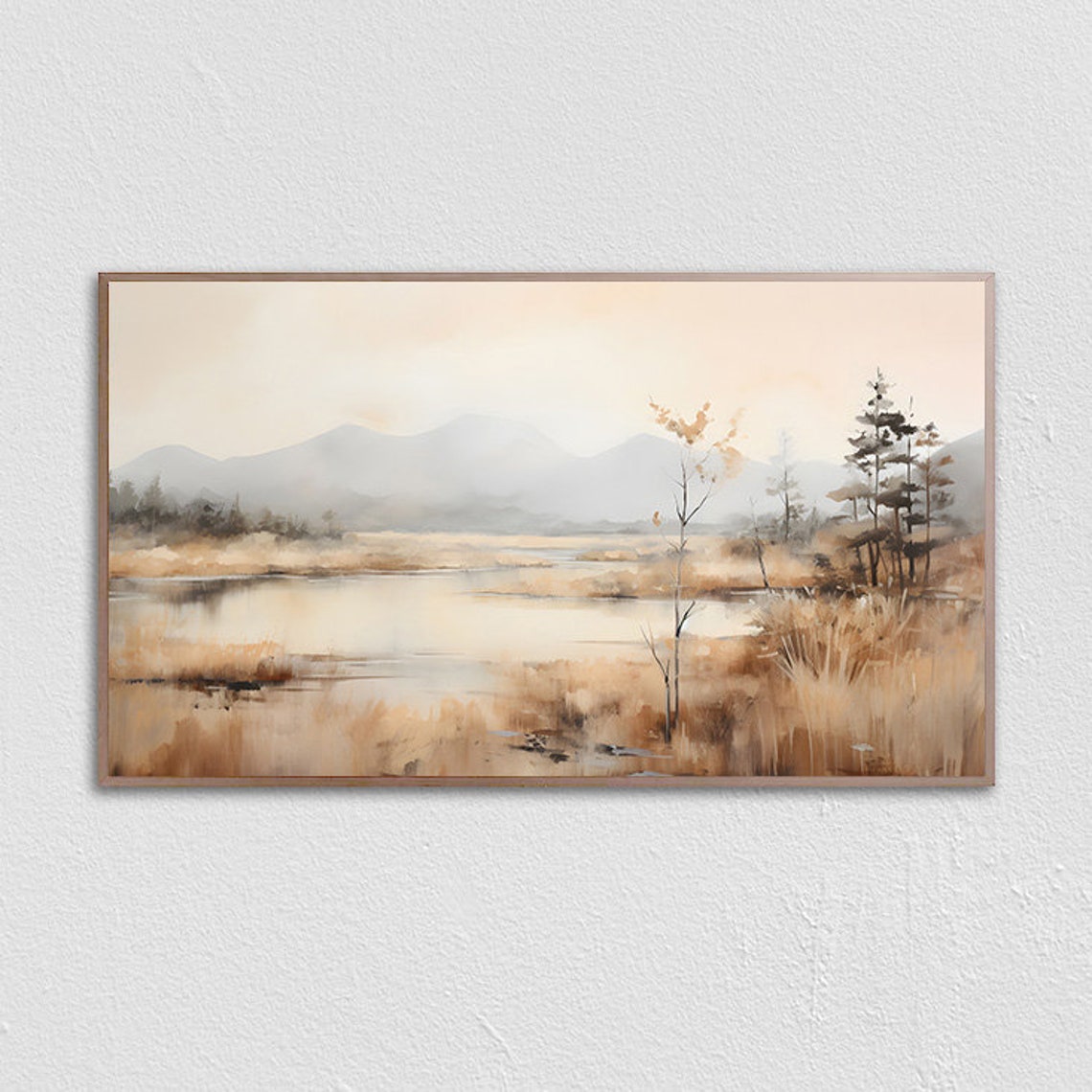 Minimalist Misty Lake Mountains Beige Neutral Landscape Wall Art