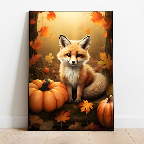 Cute Baby Fox Sitting With Pumpkins In A Golden Autumn Forest Poster