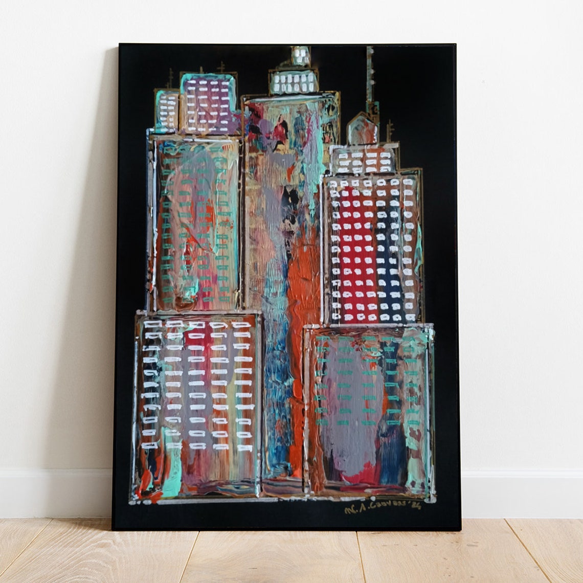 Abstract Night City Skyline Textured Impasto Skyscraper Wall Art