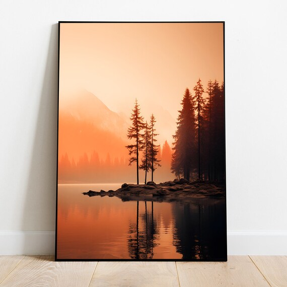Burning Orange Sunset Lake Pine Silhouette Reflection Wall Art